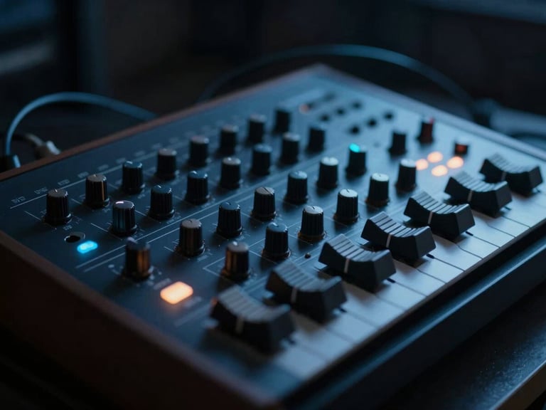 Close-up of vintage analog synthesizers with glowing knobs and patch cables in a dark studio, subtle blue backlighting, shallow depth of field, cinematic.