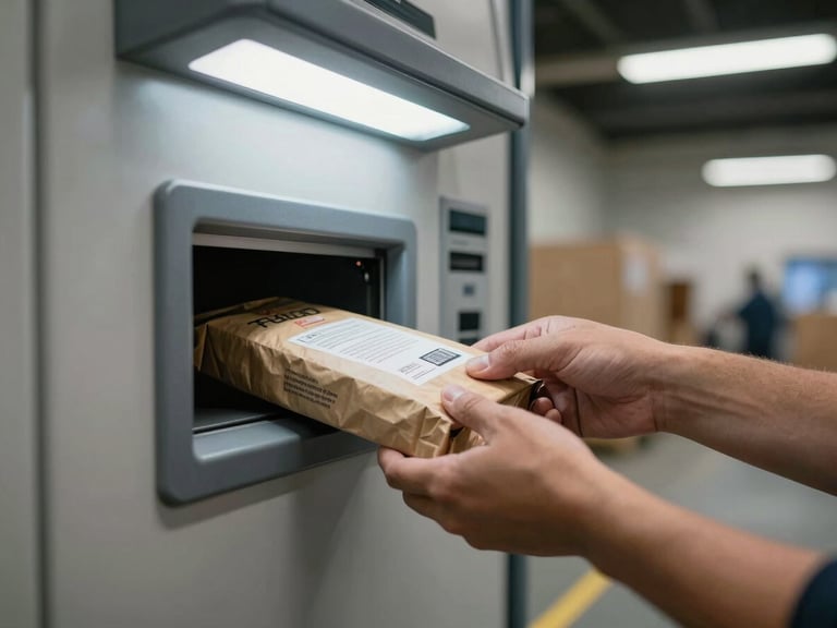 Hands feeding a labeled package into a secure drop slot on the side of a kiosk unit, interior shipping center at night, overhead fluorescent light, clean and functional