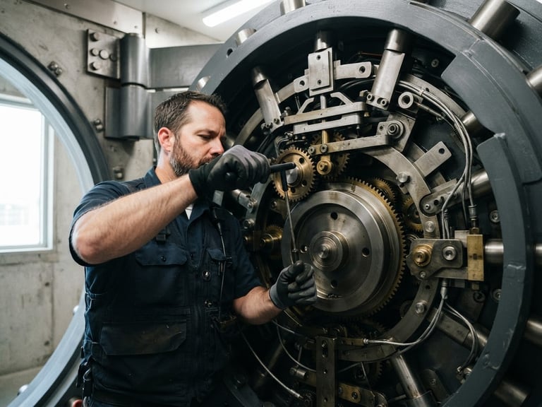 Technician servicing a bank-grade bulletproof Roto Door, close-up on complex mechanical parts, crisp industrial lighting, 35mm lens