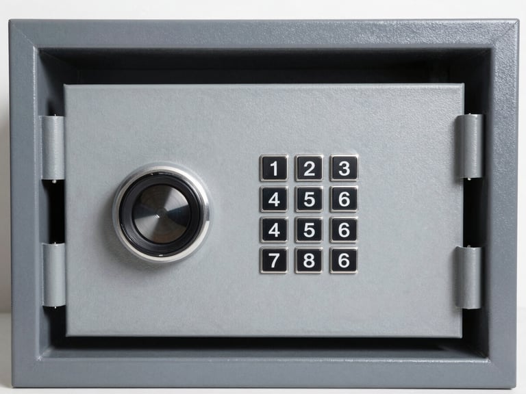Modern office safe, digital keypad, reinforced steel, sleek design, high-contrast, clean interior lighting