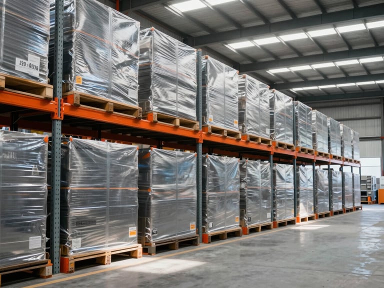Industrial documentary photography, wide environmental shot of a busy logistics warehouse, high-contrast natural lighting, cool steel tones with safety-orange accents, 35mm lens