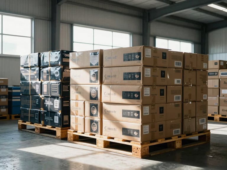 Wide environmental shot of boxed sports goods stacked on wooden pallets in a modern warehouse, harsh direct sunlight through high windows