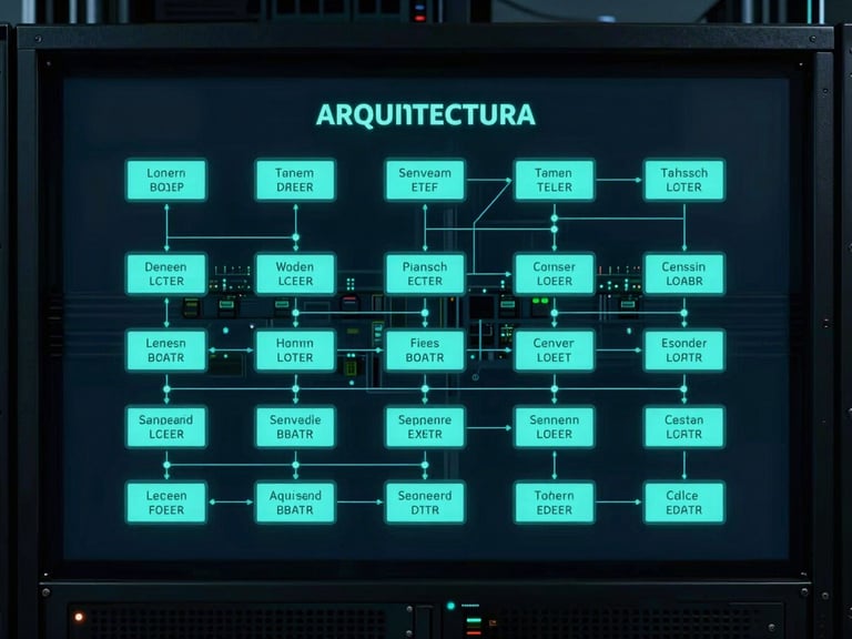 Esquema de arquitectura de red en una pantalla de alta resolución, con nodos y conexiones iluminados en cian, en un entorno oscuro de sala de servidores.