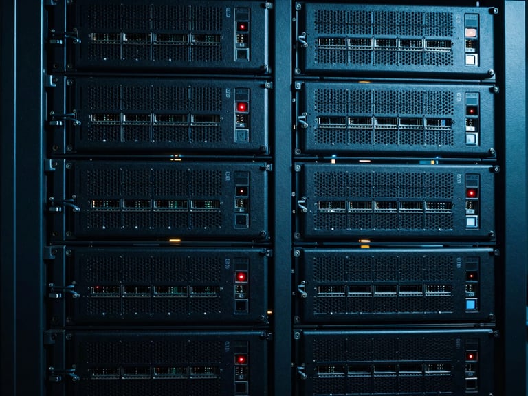 Detalle de hardware de red con luces LED de diagnóstico activas, en un rack de servidores con sombras profundas y luz fría.