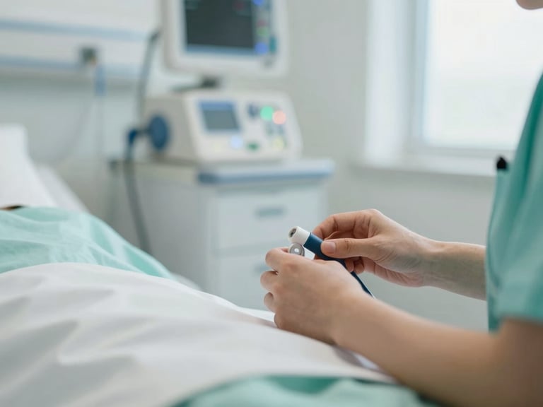 A close-up of a nurse's hands checking patient vitals with medical equipment in a modern, well-lit UK hospital ward, soft natural light, shallow depth of field, authentic editorial photography