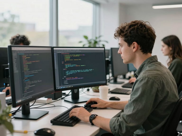 A software developer working on multiple monitors in a modern, collaborative UK office space, natural light, focused on code on screen, authentic editorial photography, soft natural overcast daylight