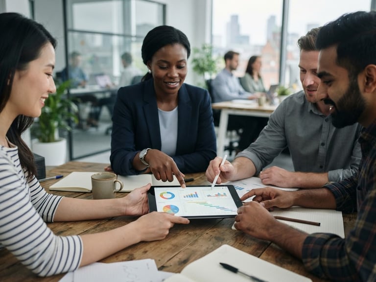 Authentic editorial photograph of a diverse team of professionals collaborating in a modern, well-lit UK office, natural overcast daylight, focus on hands collaborating on a tablet, shallow depth of field, 35mm