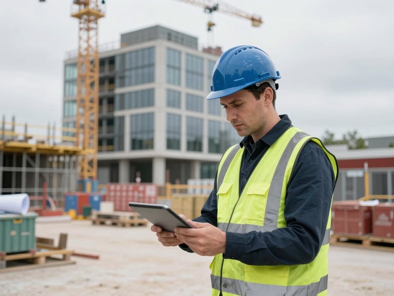 A site manager in a hard hat reviewing blueprints on a tablet at a active UK construction site, modern building in background, overcast daylight, authentic editorial photography