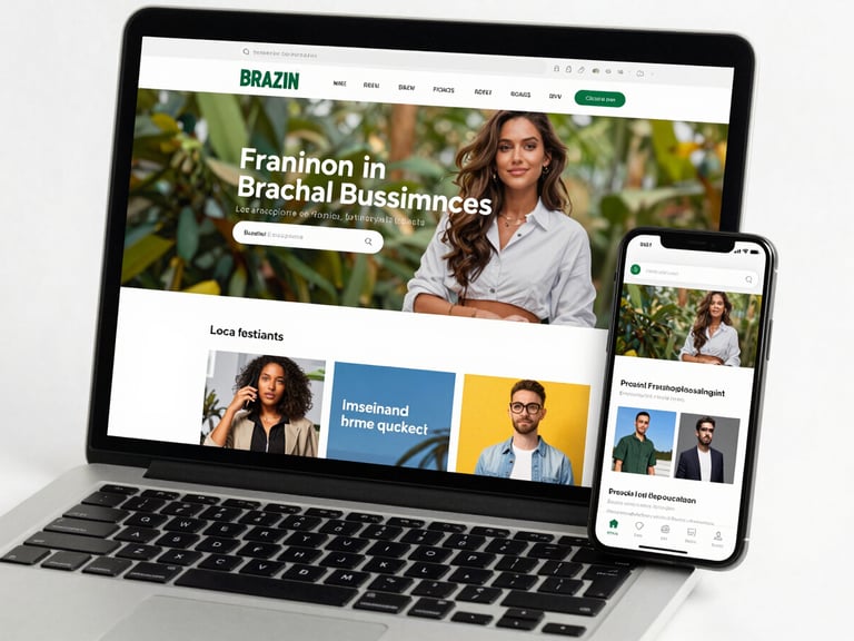 Close-up of a high-end laptop screen displaying a vibrant Brazilian local business website, crisp UI elements, modern typography, smartphone next to it showing perfect mobile responsiveness, bright studio lighting