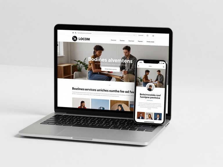 A modern laptop and smartphone side-by-side showing a fast-loading website for a local service business, bright high-contrast studio lighting.