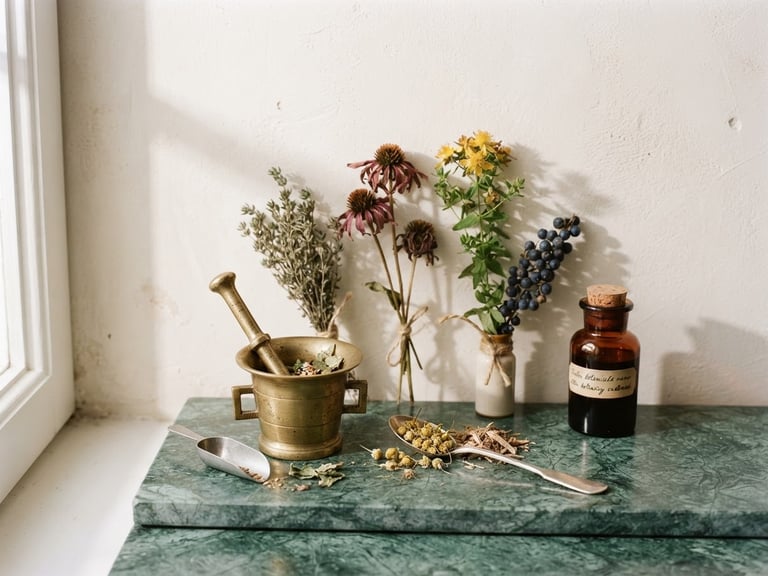 Minimalist close-up of pharmaceutical tools and dried medicinal botanicals, soft natural daylight casting elegant shadows on a warm off-white plaster wall, clinical green marble accents, 35mm