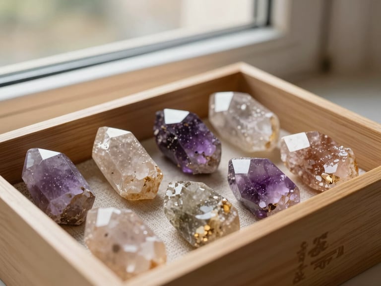 Close-up of a premium wooden box containing seven raw, colorful healing crystals arranged neatly on linen, soft side-lit window daylight