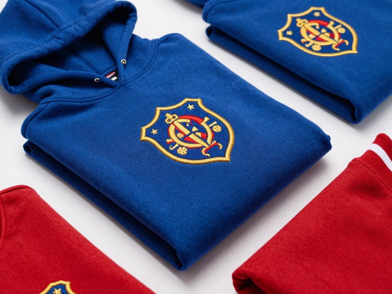 A flat-lay of folded royal blue athletic hoodies and red varsity jackets, featuring thick, dense embroidered school crests with gold borders, bright crisp studio lighting
