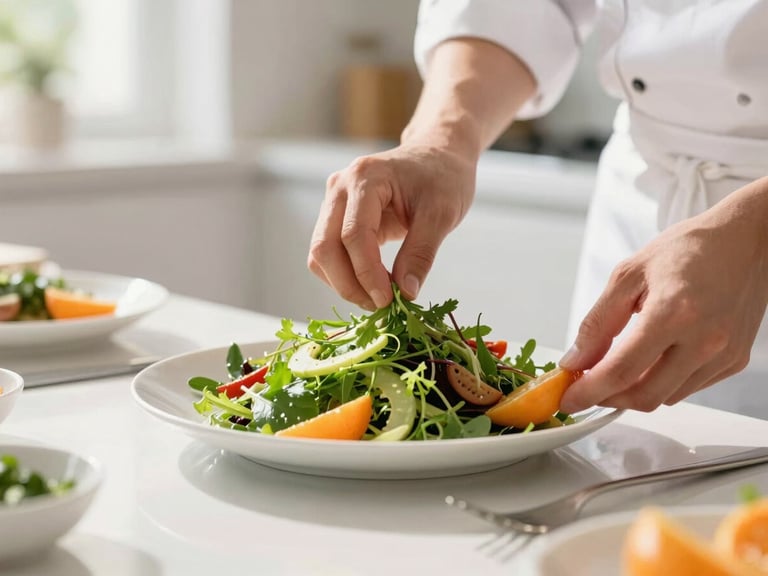 A bright, sunlit kitchen interior with a chef in a white apron carefully plating a fresh salad, vibrant green herbs, warm orange accents, high-key natural light, shallow depth of field.