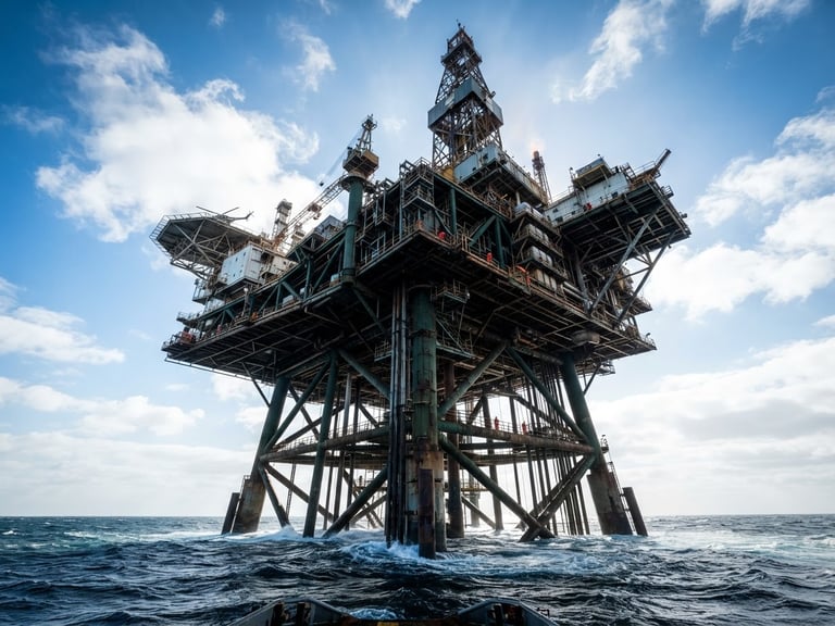 Low-angle heroic shot of a massive offshore oil platform against a crisp daylight sky, emphasizing steel scale and industrial engineering.