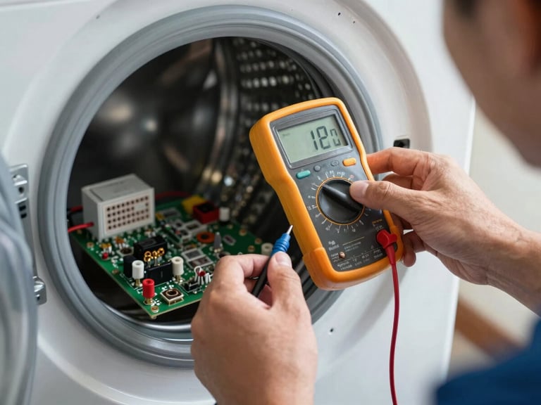 A close-up of a technician's hands using a professional digital multimeter to test electrical contacts on a clean washing machine control board, bright natural light.