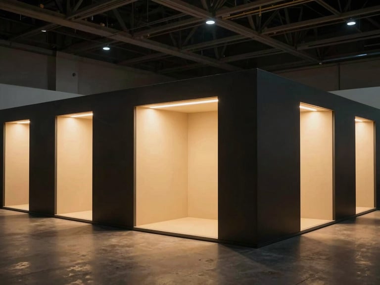 Clean architectural view of custom exhibition pavilions inside a grand hall, precise lines, dramatic spotlights, empty of people, 35mm
