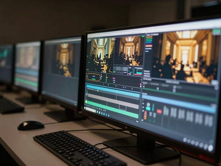 Close-up of a technical production desk with glowing monitors displaying live feeds, broadcast-grade event setup, sharp focus, 35mm