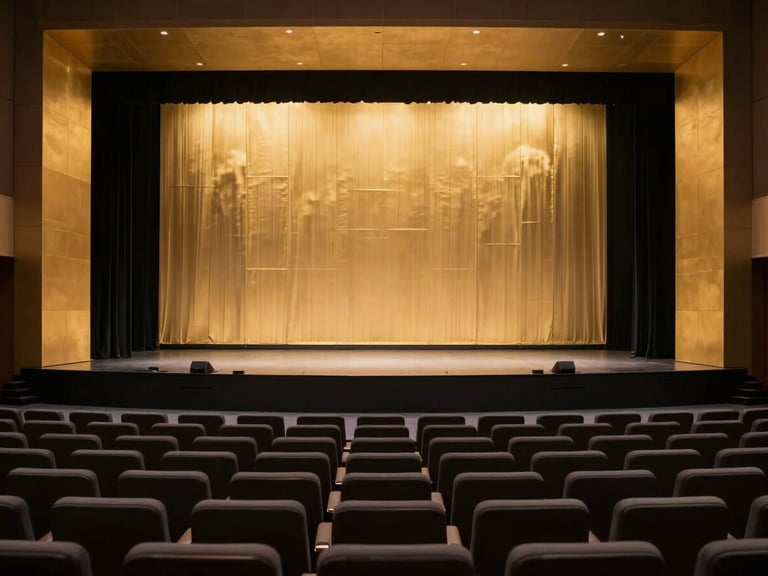 Symmetric wide-angle shot of an immaculate corporate summit stage with a large gold-accented backdrop, empty seating, dramatic lighting, 35mm