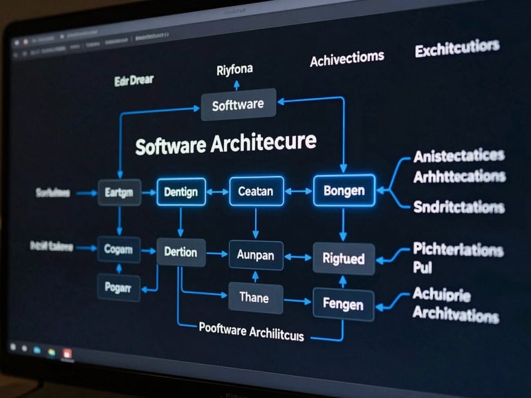 Wide horizontal view of a software architecture diagram on a dark screen, glowing blue connection lines, clean typography, high-contrast technical aesthetic.
