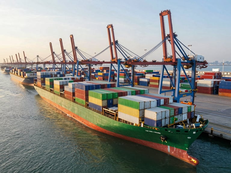 Wide-angle aerial view of a clean, modern deep-water shipping port at dawn, cargo containers stacked neatly, golden hour light, 35mm commercial photography.
