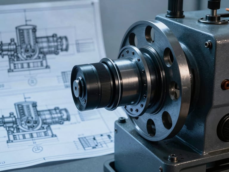 Macro technical detail of heavy industrial recycling machinery, architectural blueprints overlaid, cool blue-toned studio lighting.