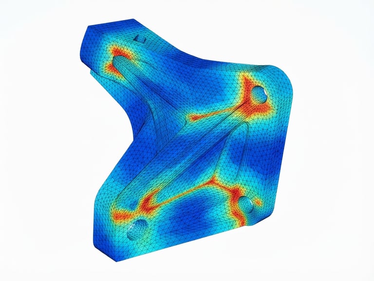 High-resolution 3D finite element analysis FEA mesh plot on a clean white background, vibrant blue and orange stress lines, sharp technical focus, 35mm architectural lens
