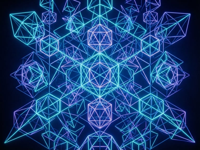 Abstract geometric wireframe glowing with cyan and violet neon light, deep navy background, sharp focus.