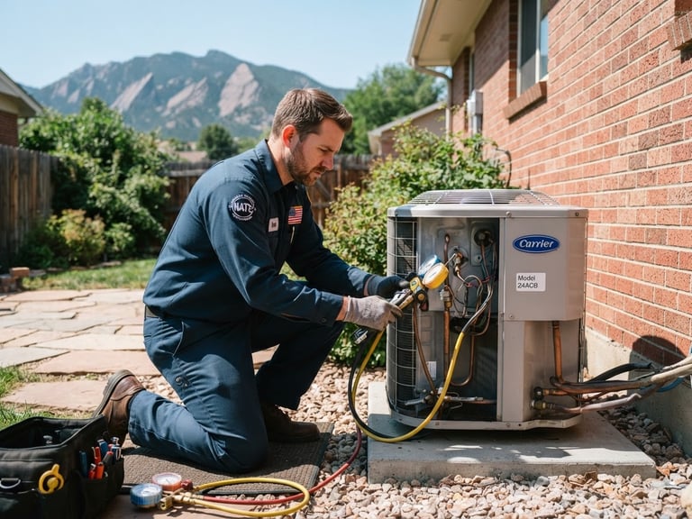 NATE-certified technician in clean uniform working on an outdoor AC condenser unit in Denver, bright Colorado sunlight, medium shot, sharp focus