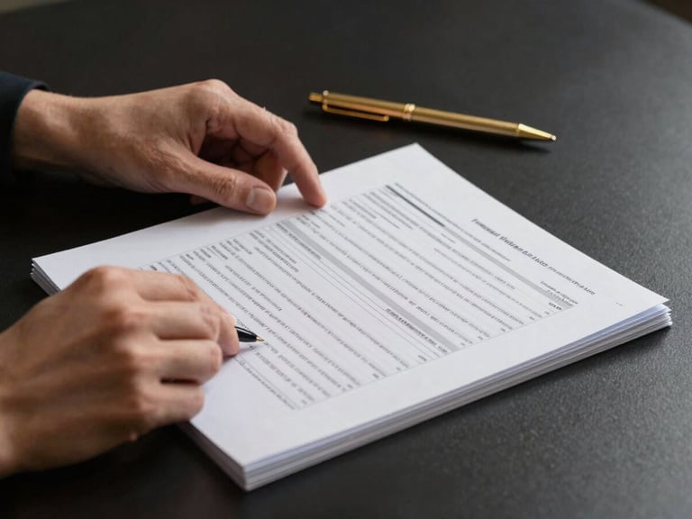 Close environmental shot of hands turning pages of a heavily annotated fiscal planning document on a dark desk surface, studio strobe lighting from the left casting clean hard shadows, gold metallic pen resting at the upper edge of the frame, matte black background receding to the right