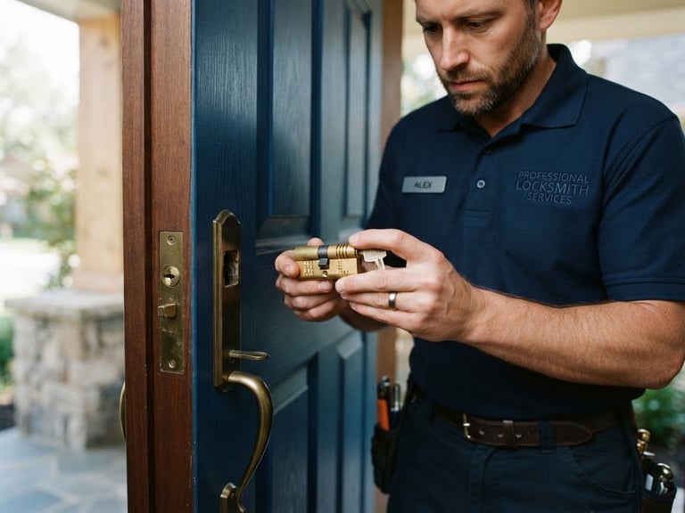 A professional locksmith in clean branded workwear at a door, holding a brass lock cylinder, warm gold accents, sharp focus, 35mm