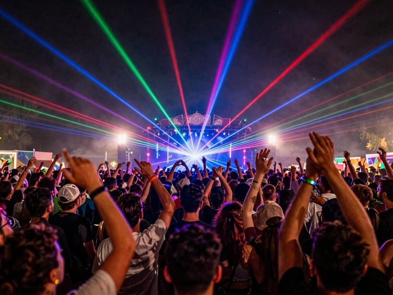 Dynamic wide-angle shot of a crowded festival dance floor at night, thousands of raised hands, vibrant neon laser beams cutting through hazy air, energetic atmosphere, rich saturated colors, sharp focus, 35mm.