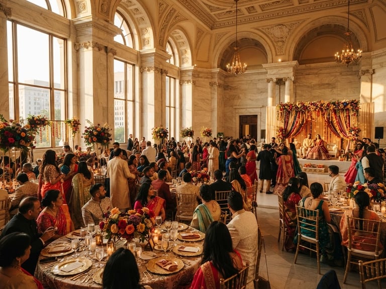 A wide panoramic shot of a beautifully decorated South Asian wedding reception in a historic DC venue, warm golden-hour light streaming through tall windows, elegant tablescapes with deep red and marigold accents.