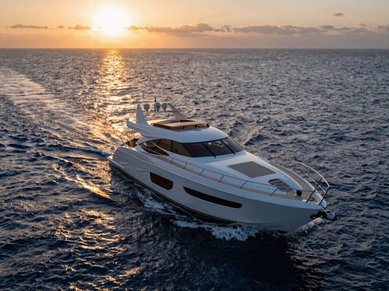 Dynamic wide-angle shot of a sleek, modern yacht sailing through deep blue water at sunrise, reflecting golden light, clean lines.