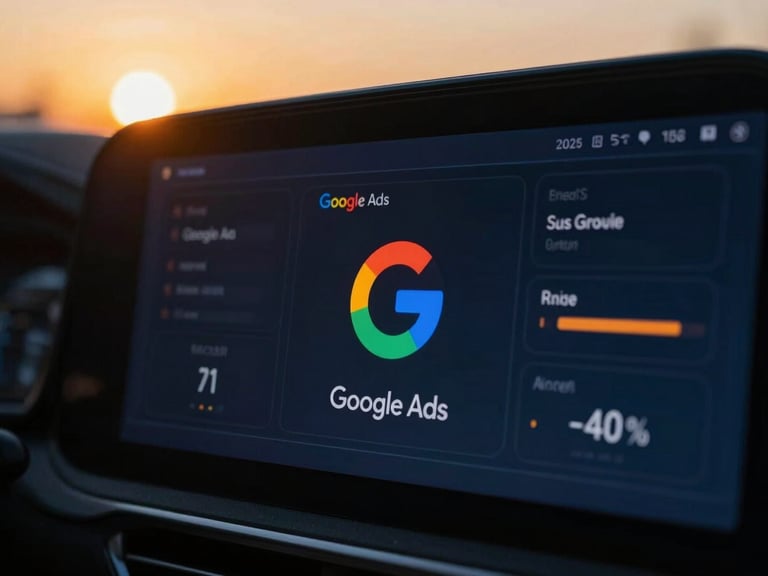 Close-up of a sleek, modern digital dashboard displaying real-time analytics for Google Ads, with subtle blue and orange glows, cinematic lighting.