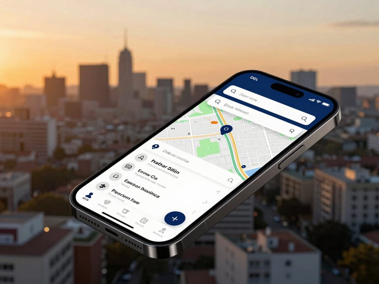 Overhead shot of a smartphone displaying local search results and a map, with a blurred city background at golden hour, crisp UI elements.