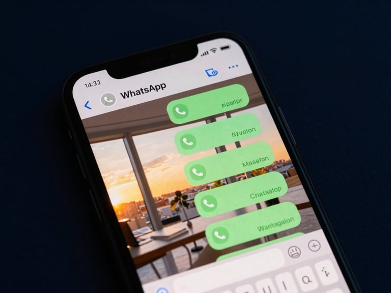 Macro shot of a glass smartphone screen showing a WhatsApp chat interface with automated messages, reflections of a modern workspace, studio lighting.