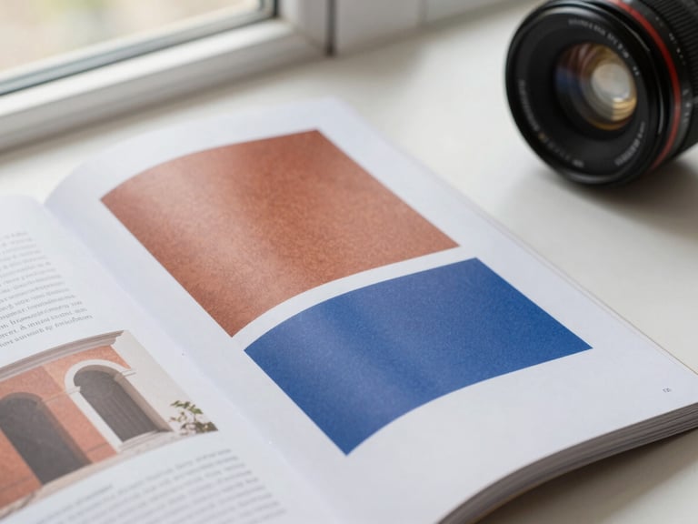 An open editorial magazine showing a clean grid layout with architectural photography, soft window light, 35mm lens