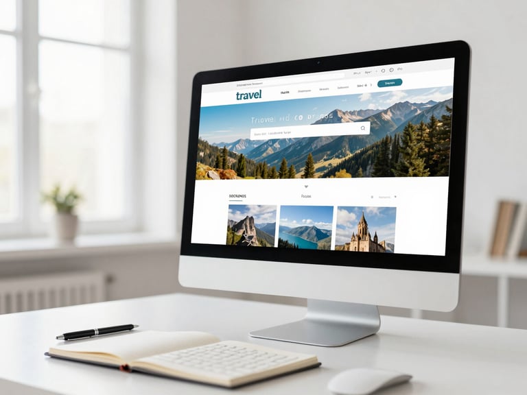 bright lifestyle photography, a clean desktop monitor displaying a travel agency website with beautiful landscape photos, notebook and pen on the desk, bright room, soft natural daylight