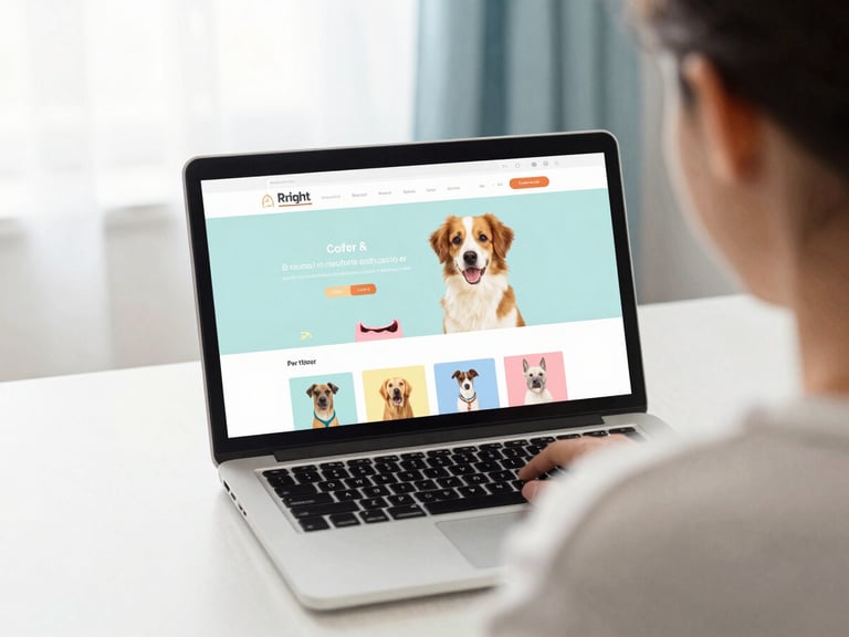 bright lifestyle photography, over-the-shoulder view of a person looking at a laptop showing a colorful pet clothing website, cozy room setting, soft natural daylight