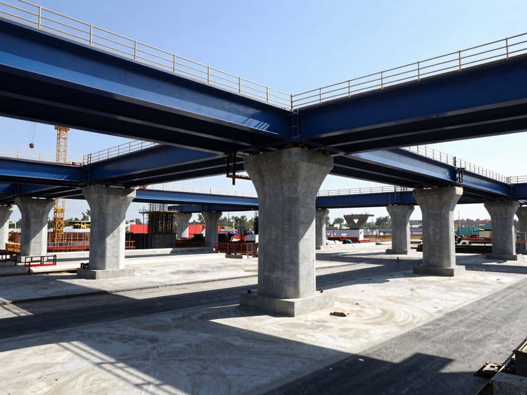 Wide environmental shot of a major civil infrastructure project, highway bridge piers under construction, high contrast daylight, sharp shadows