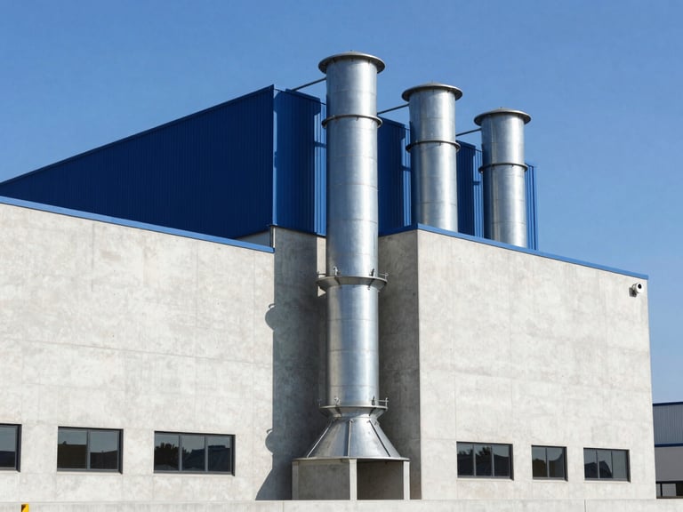 Modern industrial manufacturing plant exterior, clean concrete panels and steel vents, bright daylight, high contrast