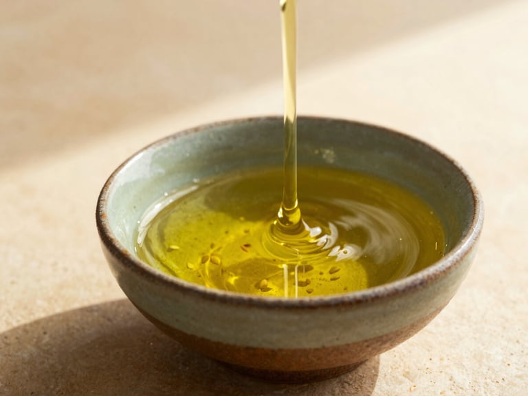 Macro close-up of golden cold-pressed sesame oil being poured into a rustic ceramic bowl, soft morning light, long shadows, warm sandstone background.