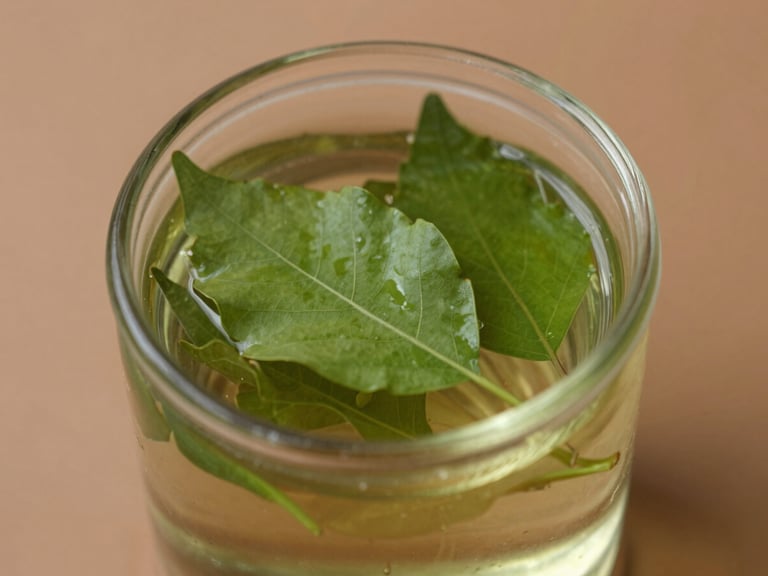 Macro close-up of fresh green neem leaves steeping in a clear glass jar of oil, soft morning light, long shadows, earthy clay tones.