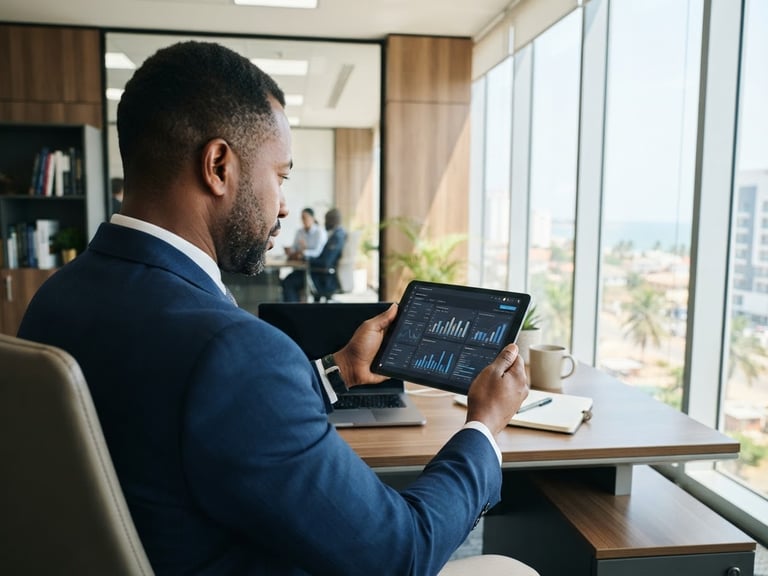 Over-the-shoulder perspective of an African corporate executive in a modern bright office in Togo, looking at a digital tablet showing leadership metrics, warm gold lighting accents, 35mm