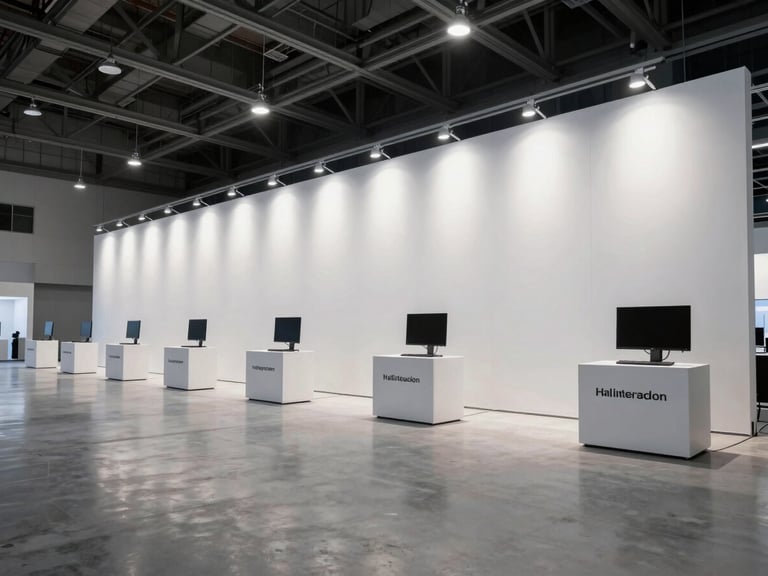 Wide-angle environmental shot of a pristine, empty corporate exhibition hall, a massive tension-fabric backdrop with geometric branding stands perfectly aligned under sharp studio lighting.