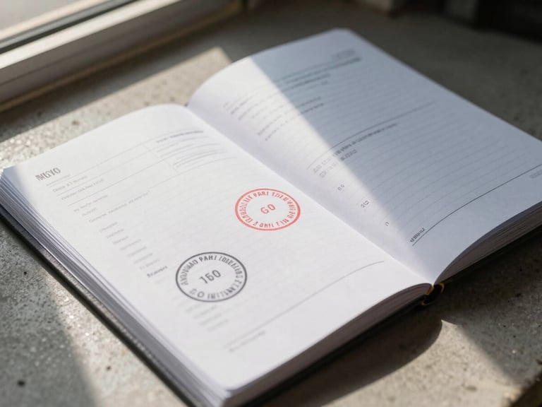 Close-up angled shot of a vehicle service record book open to a stamped page, oil change and inspection stamps visible, natural window light falling across the document on a concrete surface