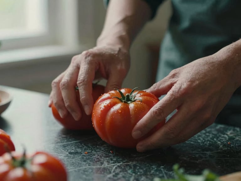 Close-up of hands prepping a rustic heirloom tomato dish on a dark marble counter, soft directional window light, rich crimson tones, shallow depth of field.