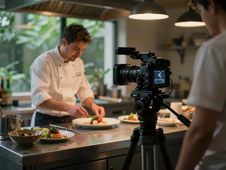 Behind-the-scenes shot of a professional camera on a compact tripod focusing on a chef plating food in a dimly lit, warm kitchen, soft ambient lighting.