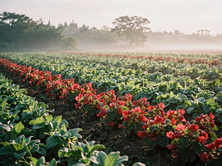Wide environmental shot of a lush local farm field at sunrise, soft directional daylight, misty morning shadows, 35mm film look.